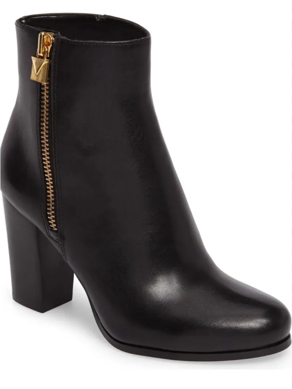 Michael Kors Women's Black Leather Ankle Boots, Gold Sipper And Lock,
Size 9M